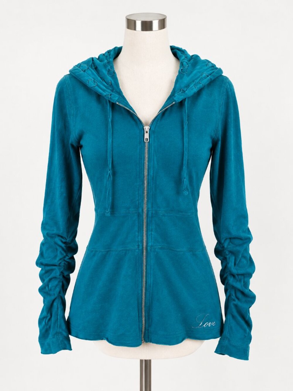Johnny Was 4 Love and Liberty Hooded Sweatshirt Women’s S Teal Blue Embroidered